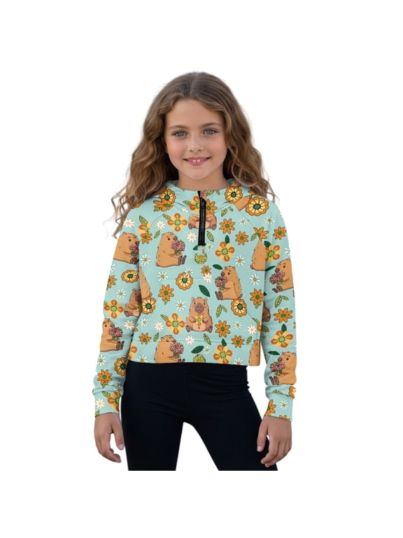Capybara Daisy Flower Print Girls Half Zipper Hoodie Trendy Fall Sweatshirts Long Sleeve Pullover Tops for Teen Girl Kids Mock Neck Sweater, Size 9-10 Years