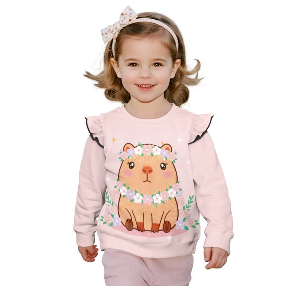 Xoenoiee Capybara Flower Star Print Girls Shirts Top Crewneck Long Sleeve Sweatshirt Graphic Drop Shoulder Top for Fall Winter Spring, Size 7-8 Years