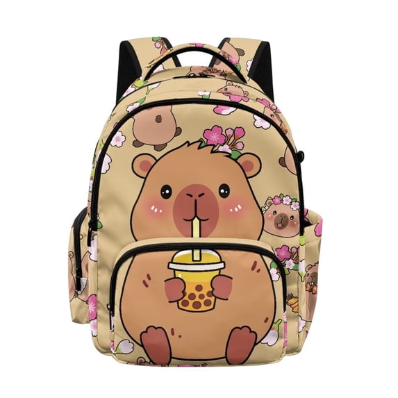 Xoenoiee Capybara Milk Tea Cherry Blossom Print Kids Backpack for Girls Elementary School Bookbag School Bag with Zippe Pocket Lightweight Rucksack Travel Daypack with Adjustable Straps