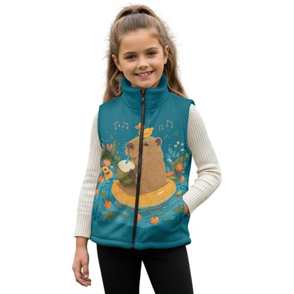 Xoenoiee Capybara Orange Duck Music Note Print Girls Polar Fleece Zipper Vest Kids Sleeveless Stand Collar Jacket Outerwear with Pockets for Travel Sports Running, 5-6 Years