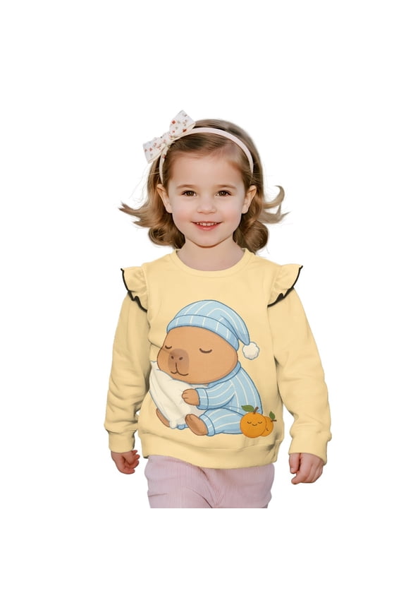 Capybara Orange Print Toddler Girls Ruffle Pullover Cute Cartoon Long Sleeve Sweatshirt Crewneck Fall Winter Outfits Clothes, Size 2-3 Years
