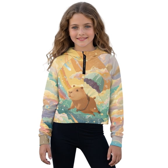 Xoenoiee Capybara Parachute Cloud Print Girls Half Zip Up Sweatshirt Long Sleeve Pullover Cropped Hoodie Fall Trendy Back to School Fall Clothes, 7-8 Years