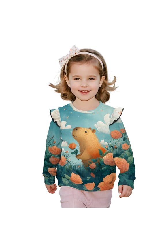 Capybara Rose Cloud Print Toddler Girls Sweatshirts Crewneck Hoodies Long Sleeve T Shirts Kids Pullover Tops Sweater, Size 4-5 Years