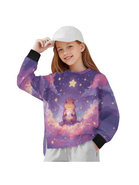 Capybara Star Cloud Print Oversized Sweatshirts for Girls Crew Neck Long Sleeve Shirts Casual Loose Slit Pullover Top Fall Outfits, 5-6 Years