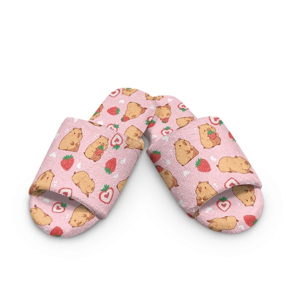 Xoenoiee Capybara Strawberry Heart Print Womens Open Toe Winter Bedroom Slippers Memory Foam Sandal Home Shoes for Men Ladies Comfy Slippers, 9-10 Women/8-9 Men