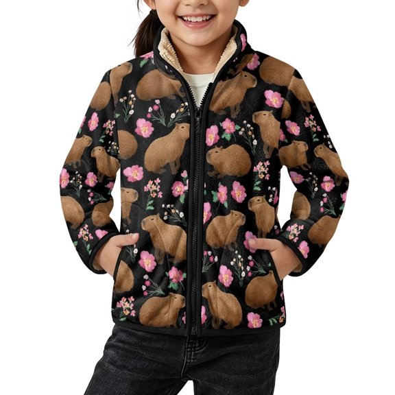 Xoenoiee Capybara Wildflower Print Full Zip Jacket for Girls Casual Sweater Fall Fleece Jacket Stand Collar Coat Stand Collar Outerwear Casual Cardigan with Pockets, 5 Years