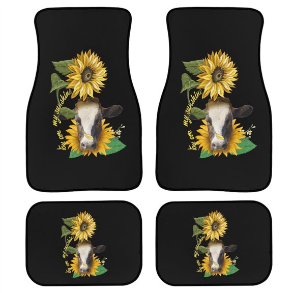 Xoenoiee Car Carpet All Weather Protection Automotive Floor Mat Cow and Sunflower Print Car Floor Mat Universal Fits Durable Washable Universal Fits Easy to Clean (4 Pieces)