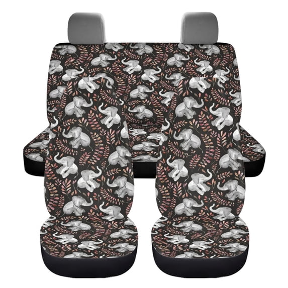 Xoenoiee Car Front & Rear Seat Covers 4pcs Set, Stretchy Breathable Fabric, Elephant Olive Leaf Print Vehicle Seat Covers Front and Split Rear Bench Seat Cover, Universal Fit