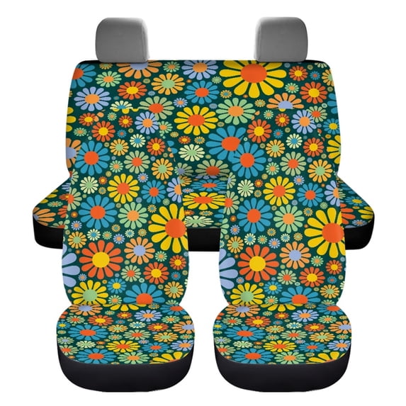 Xoenoiee Car Seat Covers for Front and Rear 4 PCS Set Vehicle Bucket Seat Cover Hippie Flowers Print Auto Seat Cover Split Rear Bench Seat Protector Universal Fit