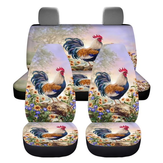 Xoenoiee Car Seat Covers for Front and Rear, Car Interior Seat Protector Chicken Sunflowers Rooster Print Auto Seat Cover Full Set for Car Sedan SUV Truck, Universal Fit