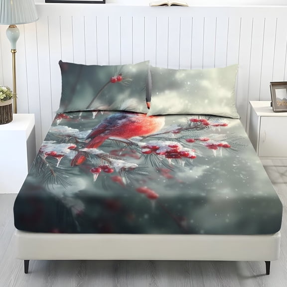 Xoenoiee Cardinal Berry Print Bed Sheets Set 3 Piece Bedding Sheet Set for All-Season, Non-Slip Bedsheet with Pillowcases for Women Men, Easy Care, Twin Size