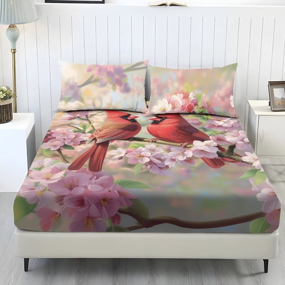 Xoenoiee Cardinal Cherry Blossom Print 3 Pcs Cooling Bed Sheet Set, Soft Bedding Set, Includes 1 Fitted Sheet and 2 Pillowcases, Breathable Comfortable Sheets for Bedroom, Twin XL Size