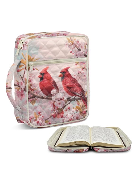 Cardinal Chherry Blossom Pattern Bible Cover Case for Women Men, Large Bible Bag Organizer Quilted Study Supplies Accessories Carrying Cases with Handle, Portable Tote Bag Christian Gifts