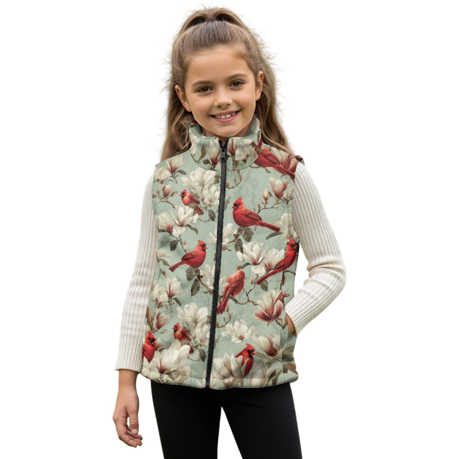 Xoenoiee Cardinal Floral Print Boys Girls Polar Fleece Vest Jacket Lightweight Cute Coat Zipper Closure Sleeveless Warm Outerwear, Size 2T