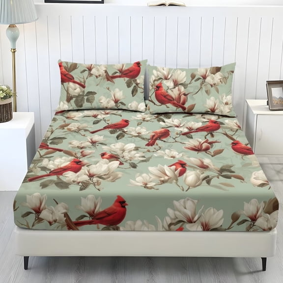 Xoenoiee Cardinal Flower Print Sheet Set Bed Sheets Soft Microfiber Deep Pocket Wrinkle Free Bedding Sheets with Pillowcases, Machine Washable, Full Size