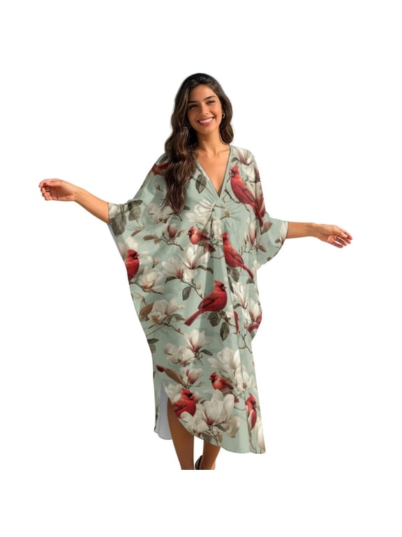 Cardinal Flower Print Women's Plus Size Kaftan Dress Plus Size Maxi Dress Batwing Sleeve Moo Moos Beach Cover Up, Soft Caftan Loungewear Beach Robe