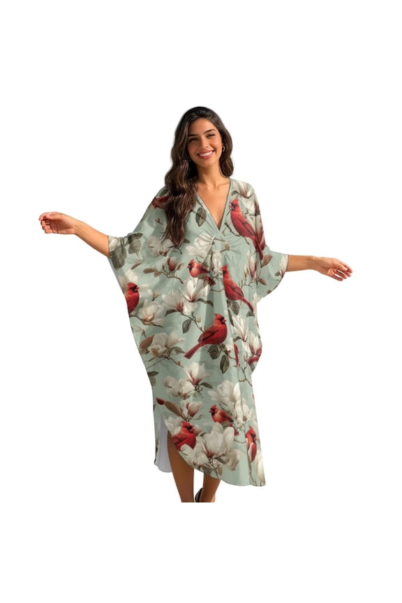 Cardinal Flower Print Women's Plus Size Kaftan Dress Plus Size Maxi Dress Batwing Sleeve Moo Moos Beach Cover Up, Soft Caftan Loungewear Beach Robe