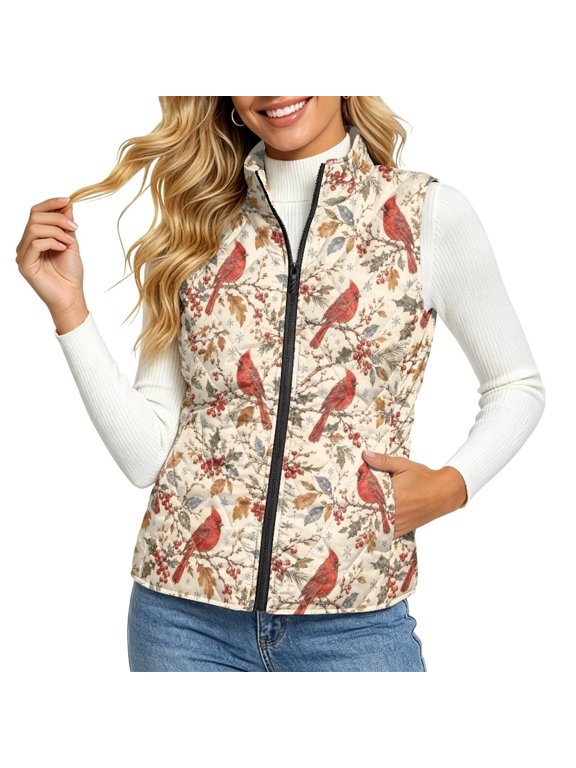 Cardinal Holly Berry Print Puffer Vest for Women Lightweight Jacket Puffer Vest Quilted Vest Sleeveless Gilet with Pocket Xmas Fall Winter Outerwear Coat for Hiking Running Golf Travel, 2XL