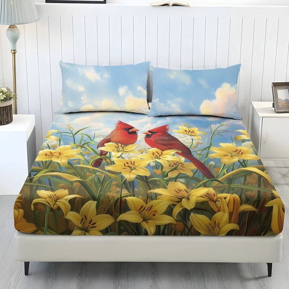 Xoenoiee Cardinal Lily Flower Pattern Fitted Sheet Set, Bed Sheet Set Sheets for Boys Girls 3 Pieces Bedsheet, 1 Fitted Sheet and 2 Pillowcases, No Flat Sheet, King Size