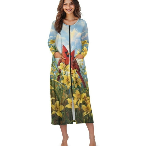 Xoenoiee Cardinal Lily Flower Print Women Zipper Robe Long Sleeve House Coats Robes Soft Bathrobe with Pockets Lightweight Nightgown Plus Size, 3XL