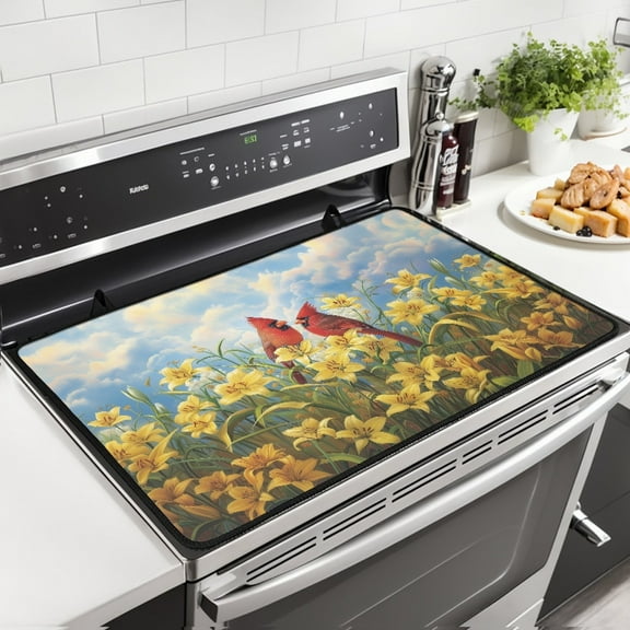 Xoenoiee Cardinal Lily Print Stove Top Cover for Electric Stove, Stove Cover 29.18 x 20.96 inch, Heat Resistant Stove Top Mat, Silicone Stove Mat for Glass Top Stove, Dish Drying Mat for Kitchen