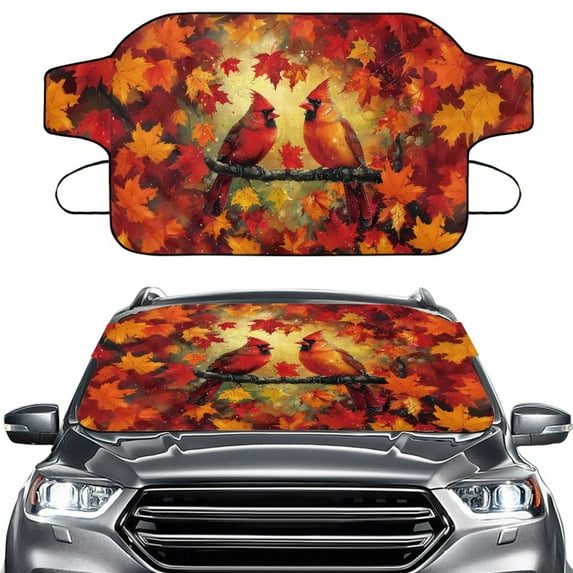 Xoenoiee Cardinal Maple Leaves Print Car Windshield for Ice and Snow Cover, Front Windshield Sunshade Thanksgiving Decoration Windproof Front Window Protection Universal for SUV, Truck, Sedan, Van
