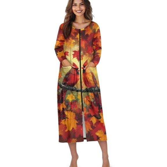 Xoenoiee Cardinal Maple Leaves Print Women's Long House Dress Thanksgiving Zipper Loungewear Long Sleeve Zip Up Robes Full Length Sleepwear Nightgown with Pockets, 3XL