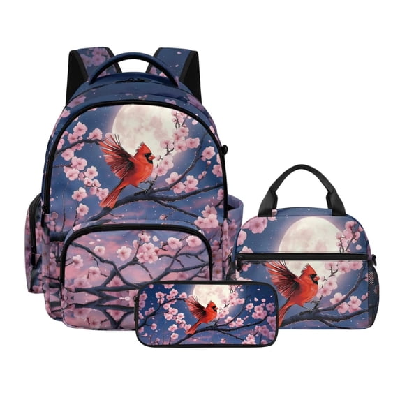 Xoenoiee Cardinal Moon Cherry Blossom Print Kids Backpack with Lunch Box Set Elementary/Middle School Bag Bookbag Lunch Bag Pencil Case 3Pcs Kindergarten Schoolbag Lightweight Daypack for Boys Girls