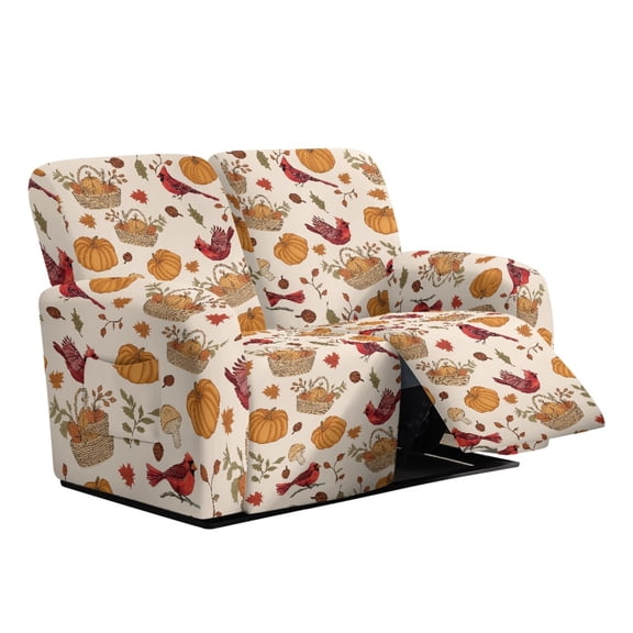 Xoenoiee Cardinal Mushroom Pumpkin Maple Leaves Print Stretch Recliner Loveseat Cover, Elastic Sofa Slipcover Soft Fitted 2 Seats Couch with Pockets Washable Furniture Protector