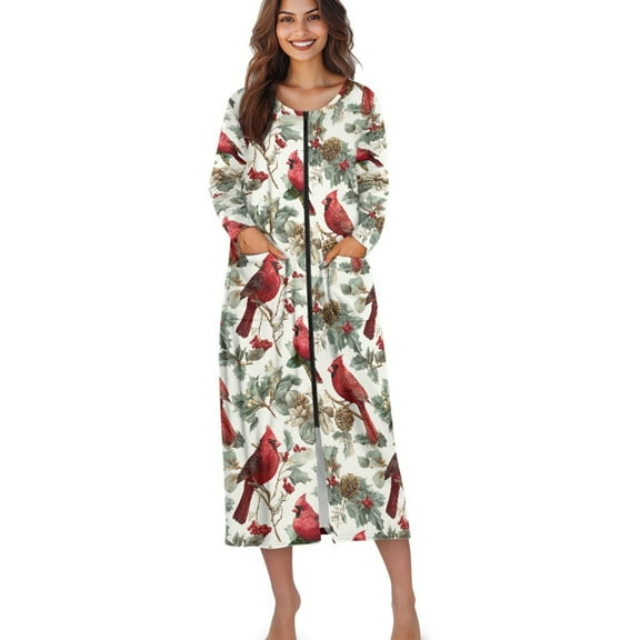 Xoenoiee Cardinal Pinecone Flower Leaves Print Womens Robe Housecoat with Pockets Long Sleeves Zip Up Nightgown for Women, Soft Bathrobe Zipper Loungewear Dress, Size XL