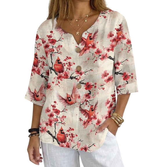 Xoenoiee Cardinal Plum Blossom Print Womens Linen Shirts 3/4 Length Sleeve Linen Button Down V Neck Blouse Spring Summer Boho Shirts Travel Vacation Tops, Size 2XL