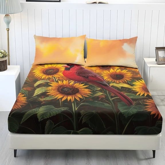 Xoenoiee Cardinal Sunflower Print Fitted Sheet Set, Bed Sheet Set Sheets for Boys Girls 3 Pieces Bedsheet, 1 Fitted Sheet and 2 Pillowcases, No Flat Sheet, Queen Size