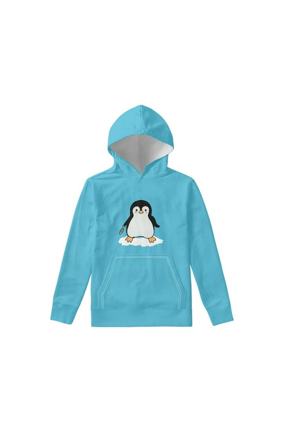 Cartoon Penguin Print Hooded Sweatshirt with Front Kangaroo Pocket for Kids Age 6-16 Years Long Sleeve Pullover Hoodies Fall Winter Tops for Travel Workout, L