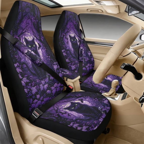 Xoenoiee Cat Bat Maple Leaves Print 5PCS Car Seat Cover Full Set, PU Leather Universal Auto Front Seat Cover Safety Belt Pads Center Console Pad, Car Interior Accessories for Most Vehicle