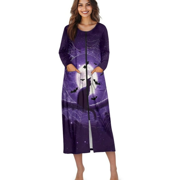 Xoenoiee Cat Bat Moon Spider Web Print Women Zip Up Robe Halloween Long Sleeve Housecoat Soft Zipper Front Nightgown Loungewear Nightdress with Pockets, 3XL