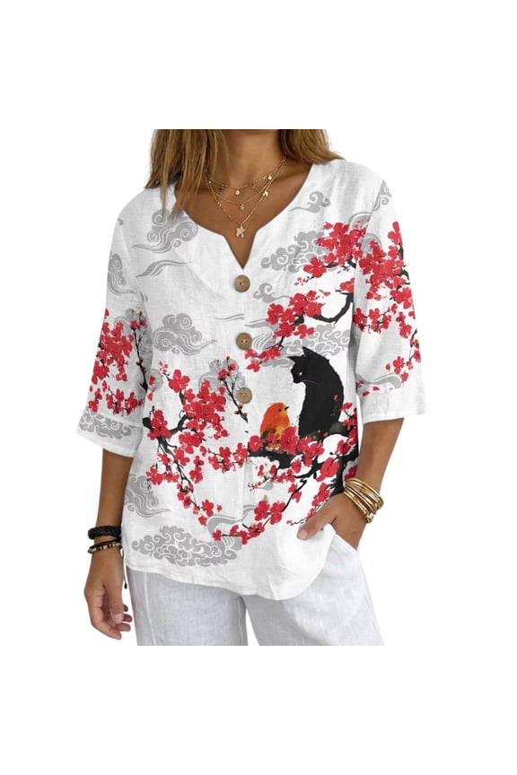 Cat Bird Plum Blossom Sunset Print Button Down Shirts for Women 3/4 Length Sleeve Tops V Neck Blouses Business Casual Outfits Loose Fit, S