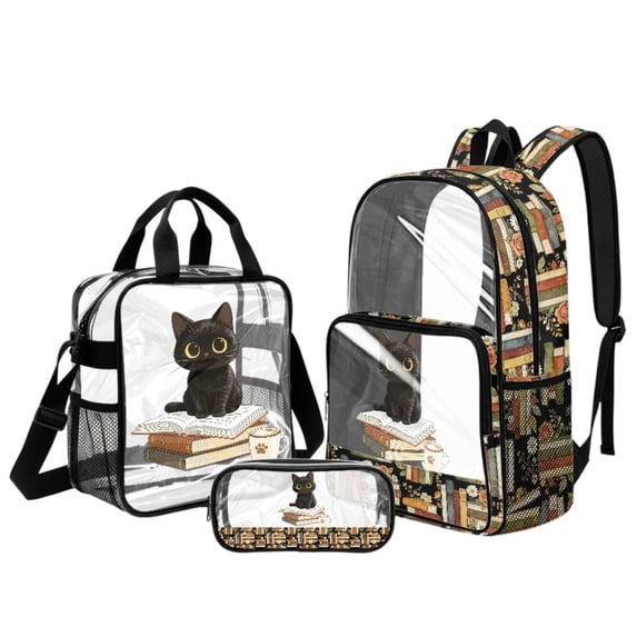 Xoenoiee Cat Book Coffee Daisy Rose Print Clear Backpack for Girls Kids Transparent School Bags Set with Lunch Bag Pencil Case for Kindergarten Primary School Bookbag with Side Pocket, Set of 3