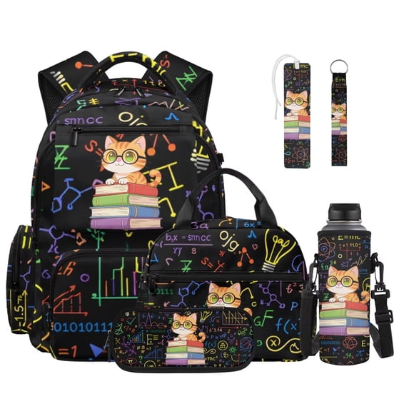 Xoenoiee Cat Book Formula Print School Backpack for Girls Bookbag with Lunch Bag Pencil Case Water Bottle Sleeve Bookmark Keychain School Bag Daypack for Kids Kindergarten Book Bag Set of 6 Pcs