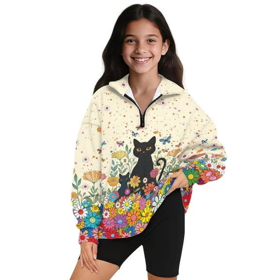 Xoenoiee Cat Butterfly Daisy Flower Print Girls Sweatshirts Quarter Half Zip Pullover Fall Fashion Outfits 2025 Oversized Hoodies Comfy Winter Clothes, Size 7-8 Years