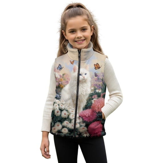 Xoenoiee Cat Butterfly Daisy Hydrangea Flower Print Toddler Girls Plush Fleece Vest, Comfortable Sleeveless Zip-Up Jacket with Pockets for Fall Winter Clothing, Size 11-12 Years