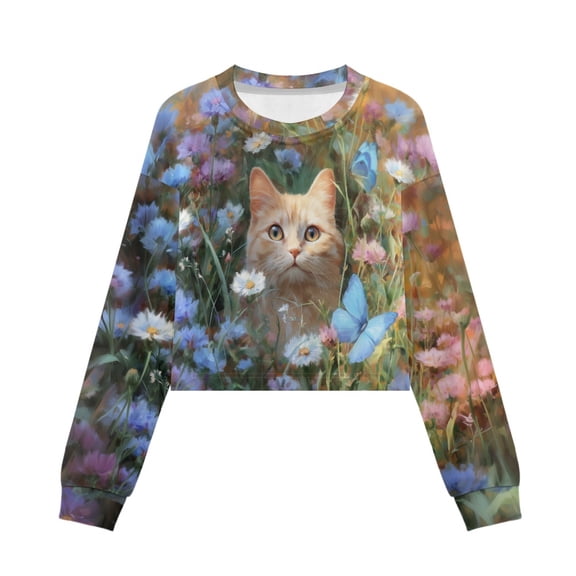 Xoenoiee Cat Butterfly Daisy Print Girls Crop Shirts Casual Long Sleeve Crewneck Loose Sweatshirts Pullover Tops Fall Outfit, 11-12 Years