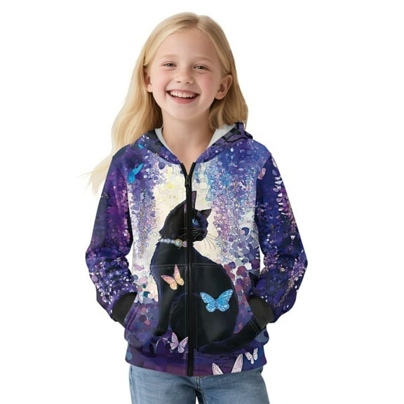 Xoenoiee Cat Butterfly Flower Print Full Zip Up Hoodie for Girls Workout Casual Sweatshirt Clothes Long Sleeve Hoodies Graphic Hooded Sweatshirt with Front Pocket Loose Comfy Outfits, S