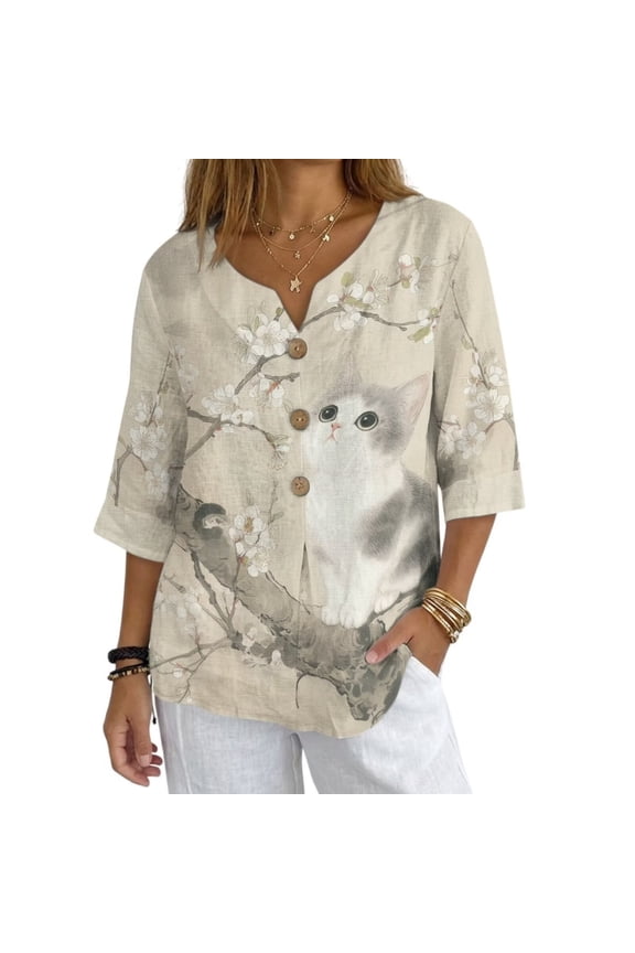 Cat Cherry Blossom Print Women's Vintage Linen Tops 3/4 Sleeve Boho Summer Graphic Tees Tunic Shirts Casual Loose Button Blouses, Size L
