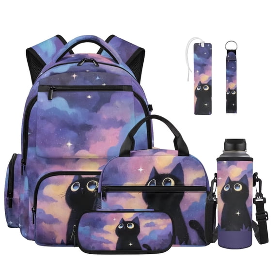 Xoenoiee Cat Cloud Star Print 6 Pack Backpack Set for Kids Girls 17 In Preschool Backpack with Lunch Box Pen Case Water Bottle Sleeve Bookmark Keychain Large Capacity Kindergarten School Bookbag