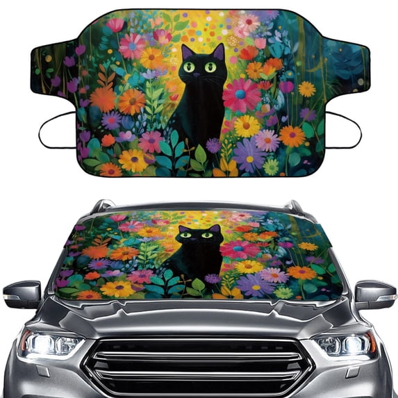 Xoenoiee Cat Daisy Flower Print Car Windshield Snow Cover for Ice and Snow, Front Window UV Sunshade Protection Cover for Most Vehicles SUV Van
