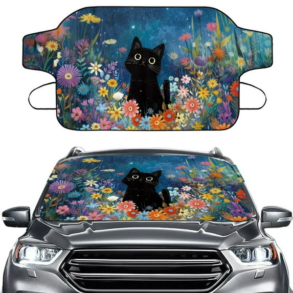 Xoenoiee Cat Daisy Flower Print Windshield Cover for Ice and Snow, Weather Resistant Winter Windshield Cover with Elastic Strap, Protects from Snow, Ice and Frost