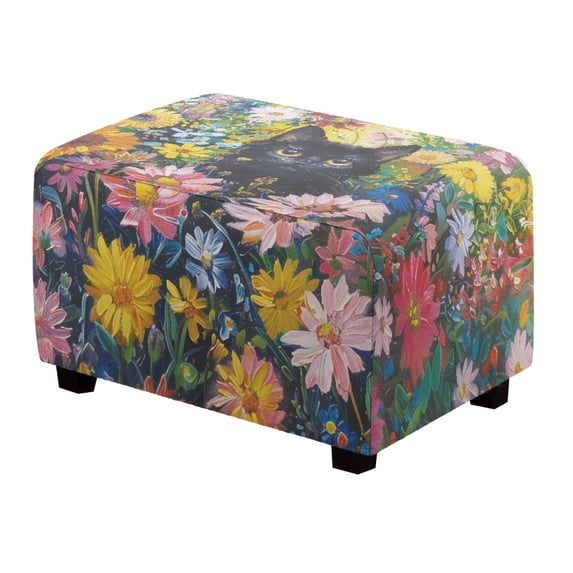 Xoenoiee Cat Daisy Print Ottoman Cover Rectangle Stretch Slipcover for Ottomans Soft Footstool Cover Footstool Slipcover with Elastic Bottom, Machine Washable, S