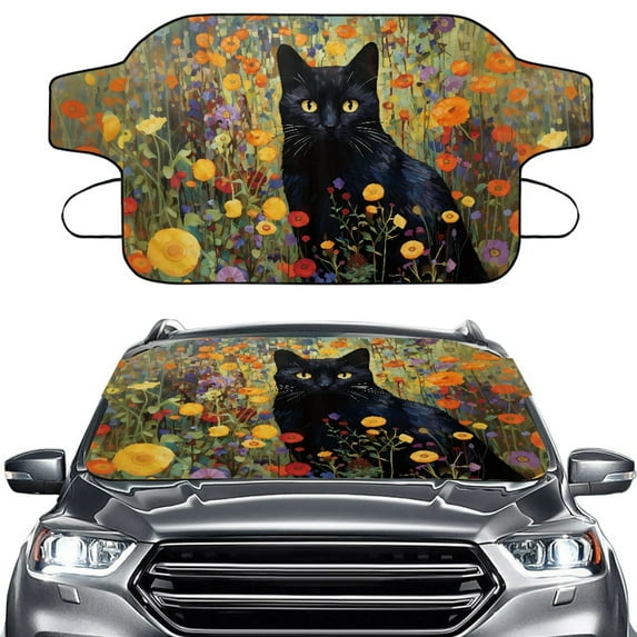 Xoenoiee Cat Flower Print Car Windshield Snow Ice Cover, Windshield Cover for Ice and Snow, Foldable Car Windshield Sun Shade Fit for Sedan/SUV/Pickup/Truck/MPV