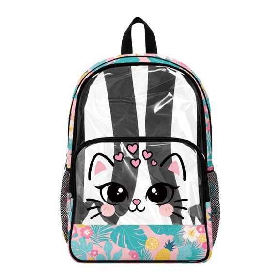 Xoenoiee Cat Heart Print Clear Backpack for Girls PVC See Through Bookbag, Transparent Backpack with Padded Straps, Large Capacity Daypack for Elementary Middle School Students