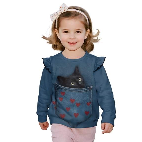 Xoenoiee Cat Heart Print Toddler Girls Sweatshirts Crewneck Hoodies Long Sleeve T Shirts Kids Pullover Tops Sweater, Size 3-4 Years